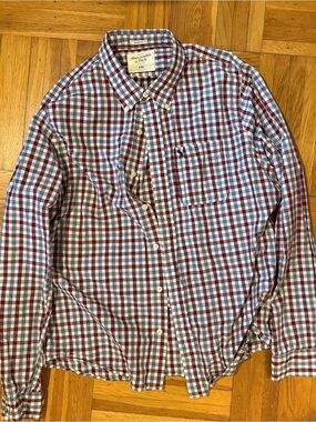 Abercrombie & Fitch Men's Red and White Plaid Button-Down Shirt